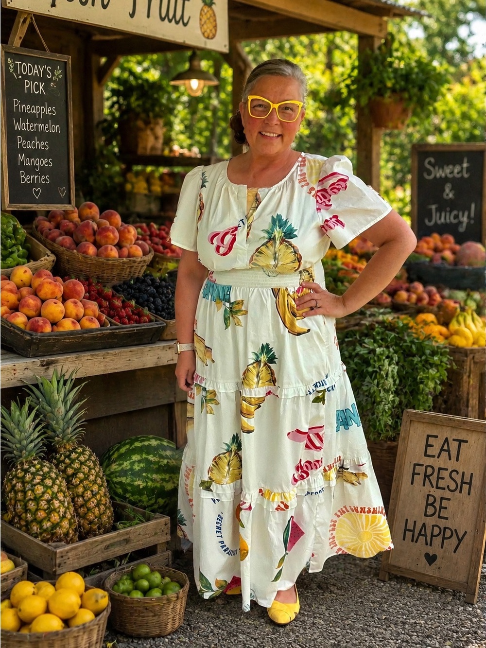 Sugarlips Cream Pineapple & Fruit Tiered Maxi Dress with Yellow Accents